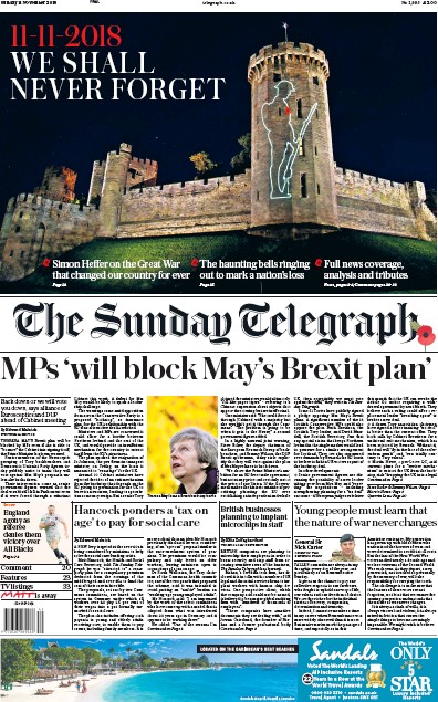 The Sunday Telegraph Newspaper Front Page for 11 November 2018