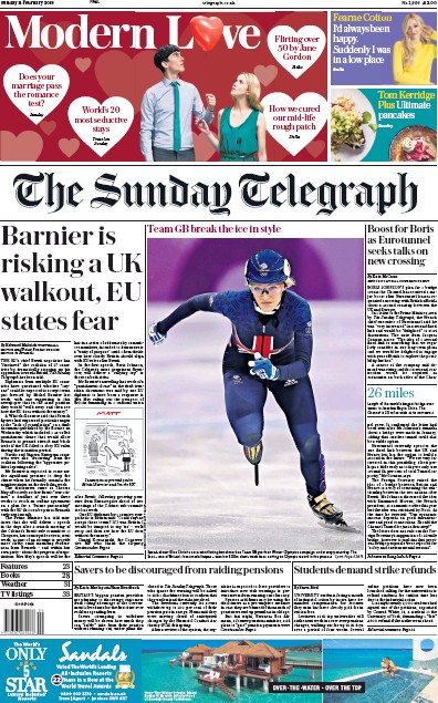The Sunday Telegraph (UK) Newspaper Front Page for 11 February 2018