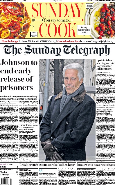 The Sunday Telegraph Newspaper Front Page for 11 August 2019