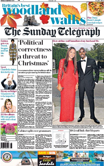 The Sunday Telegraph Newspaper Front Page for 11 September 2016