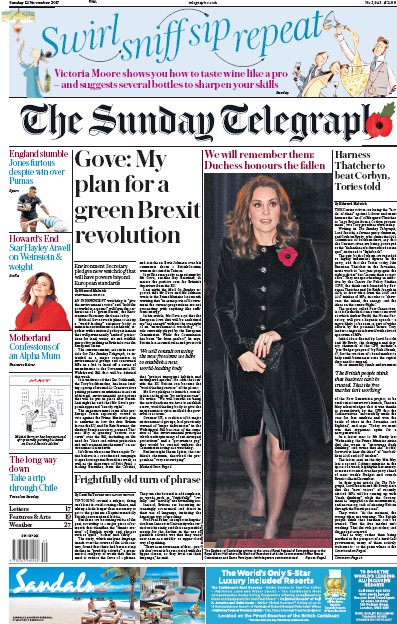 The Sunday Telegraph Newspaper Front Page for 12 November 2017