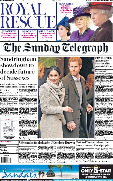 The Sunday Telegraph Newspaper Front Page for 12 January 2020