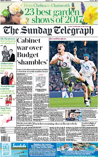 The Sunday Telegraph Newspaper Front Page for 12 March 2017