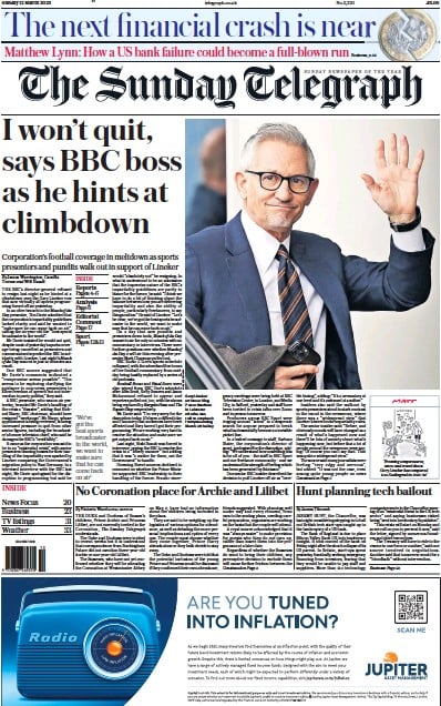 The Sunday Telegraph (UK) Newspaper Front Page for 12 March 2023