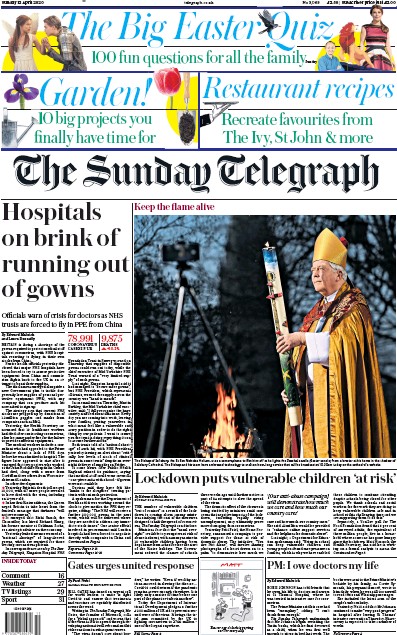 The Sunday Telegraph Newspaper Front Page for 12 April 2020