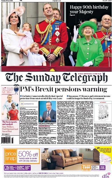 The Sunday Telegraph Newspaper Front Page for 12 June 2016