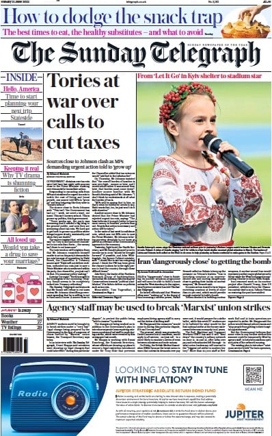 The Sunday Telegraph (UK) Newspaper Front Page for 12 June 2022