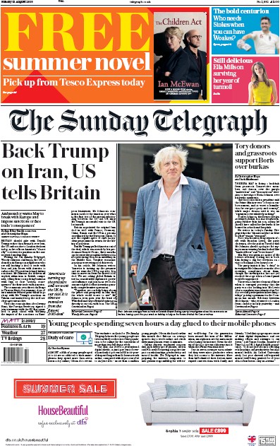 The Sunday Telegraph Newspaper Front Page for 12 August 2018