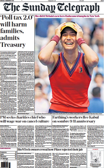 The Sunday Telegraph (UK) Newspaper Front Page for 12 September 2021