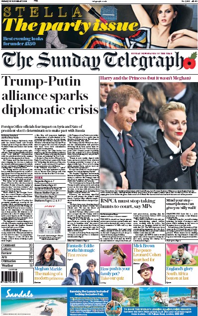 The Sunday Telegraph Newspaper Front Page for 13 November 2016