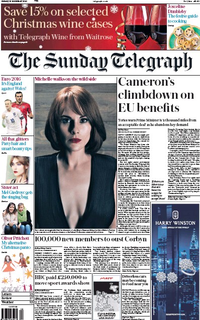 The Sunday Telegraph Newspaper Front Page for 13 December 2015