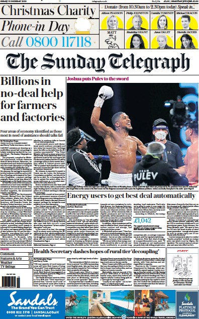 The Sunday Telegraph Newspaper Front Page for 13 December 2020