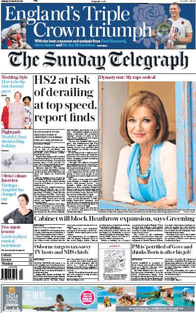 The Sunday Telegraph Newspaper Front Page for 13 March 2016