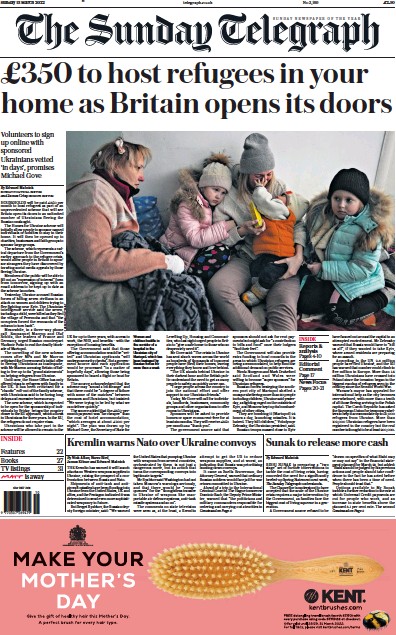 The Sunday Telegraph (UK) Newspaper Front Page for 13 March 2022