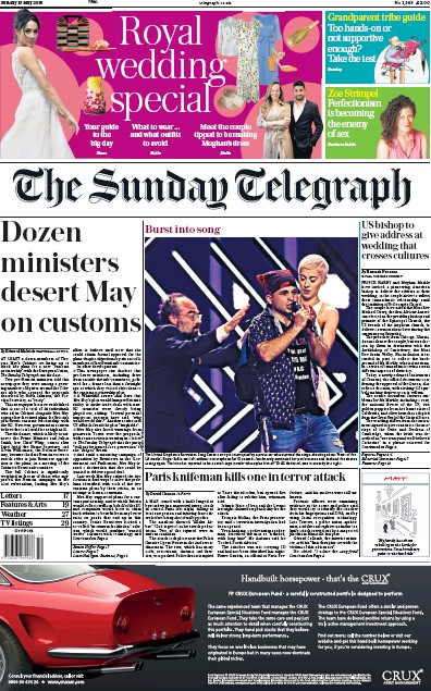The Sunday Telegraph Newspaper Front Page for 13 May 2018