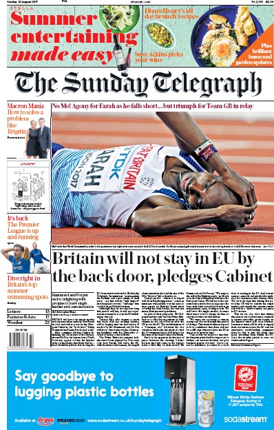 The Sunday Telegraph Newspaper Front Page for 13 August 2017