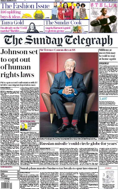 The Sunday Telegraph Newspaper Front Page for 13 September 2020