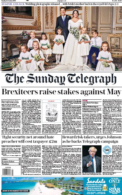 The Sunday Telegraph Newspaper Front Page for 14 October 2018
