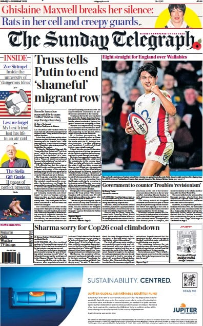The Sunday Telegraph (UK) Newspaper Front Page for 14 November 2021