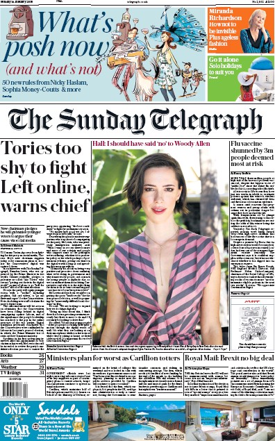 The Sunday Telegraph Newspaper Front Page for 14 January 2018