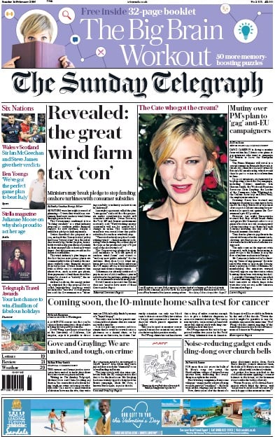The Sunday Telegraph Newspaper Front Page for 14 February 2016