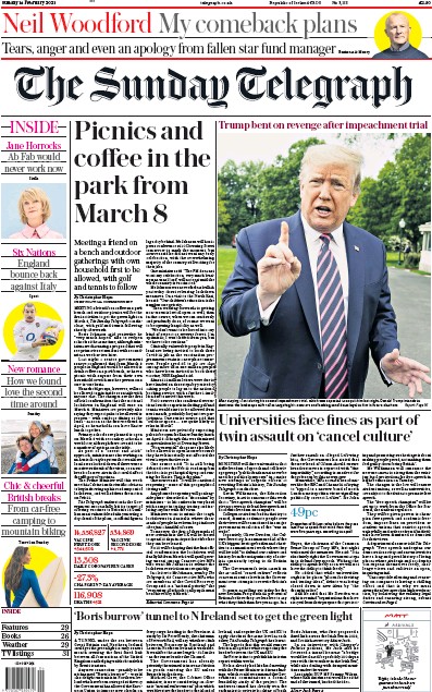 The Sunday Telegraph Newspaper Front Page for 14 February 2021