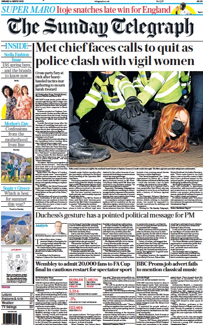 The Sunday Telegraph (UK) Newspaper Front Page for 14 March 2021