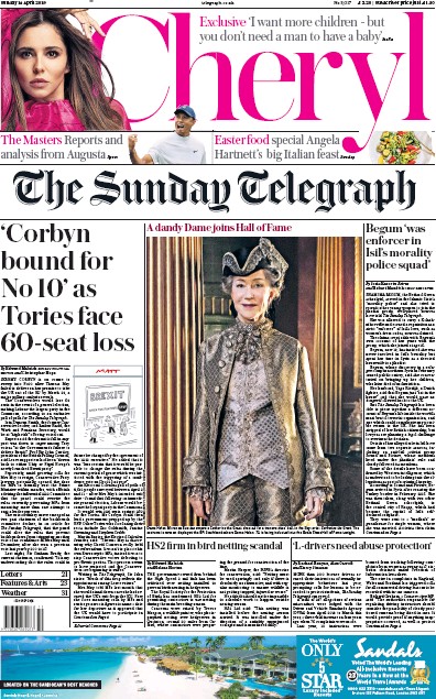 The Sunday Telegraph (UK) Newspaper Front Page for 14 April 2019