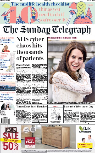 The Sunday Telegraph Newspaper Front Page for 14 May 2017