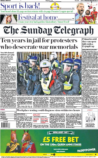 The Sunday Telegraph Newspaper Front Page for 14 June 2020
