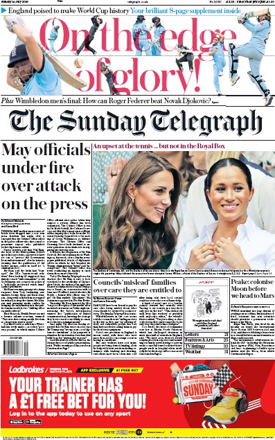 The Sunday Telegraph Newspaper Front Page for 14 July 2019