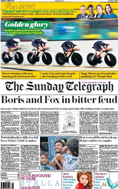The Sunday Telegraph (UK) Newspaper Front Page for 14 August 2016