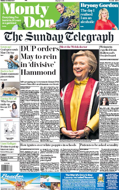 The Sunday Telegraph Newspaper Front Page for 15 October 2017