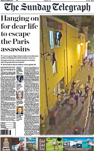 The Sunday Telegraph Newspaper Front Page for 15 November 2015