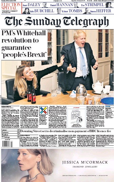 The Sunday Telegraph Newspaper Front Page for 15 December 2019