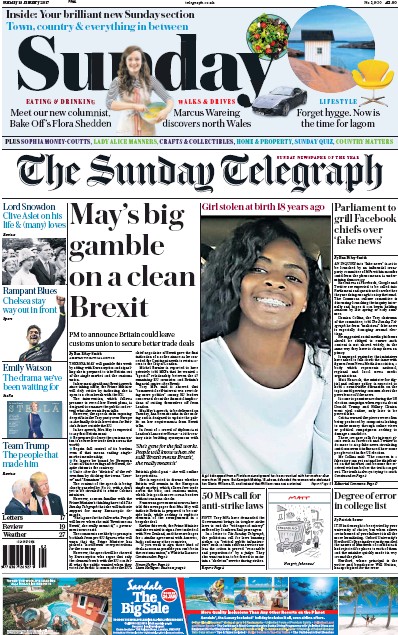 The Sunday Telegraph Newspaper Front Page for 15 January 2017