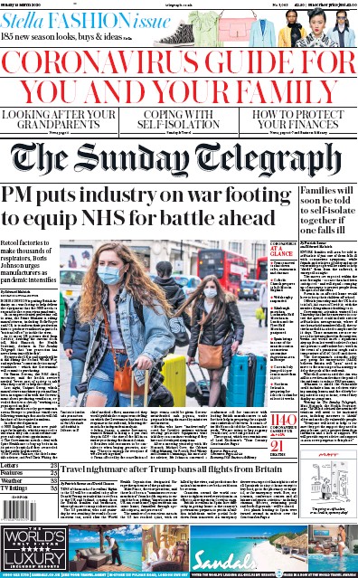 The Sunday Telegraph Newspaper Front Page for 15 March 2020