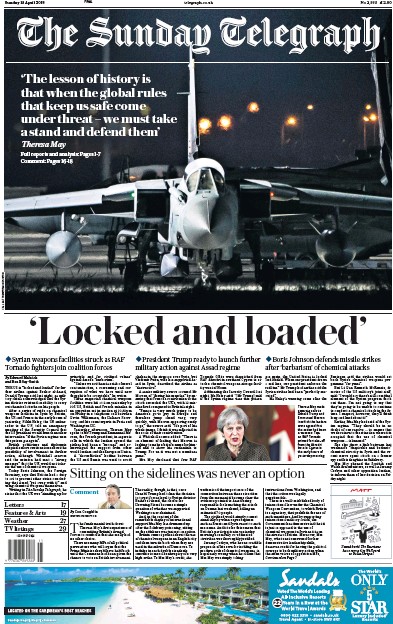 The Sunday Telegraph Newspaper Front Page for 15 April 2018