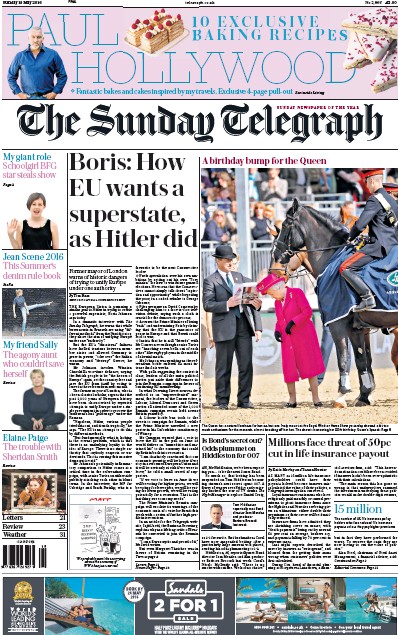 The Sunday Telegraph Newspaper Front Page for 15 May 2016