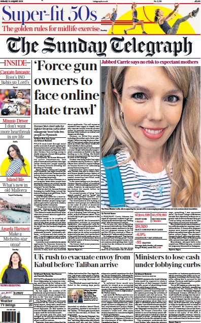 The Sunday Telegraph (UK) Newspaper Front Page for 15 August 2021
