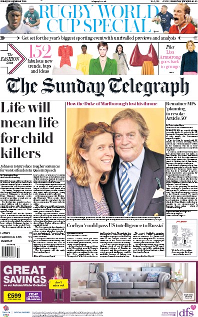 The Sunday Telegraph (UK) Newspaper Front Page for 15 September 2019