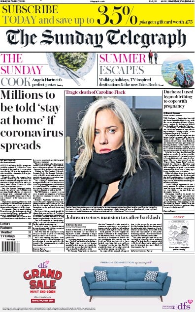 The Sunday Telegraph (UK) Newspaper Front Page for 16 February 2020