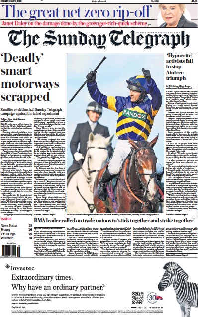 The Sunday Telegraph (UK) Newspaper Front Page for 16 April 2023
