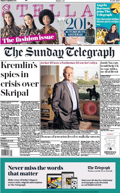 The Sunday Telegraph Newspaper Front Page for 16 September 2018
