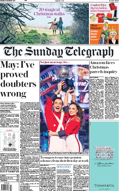 The Sunday Telegraph Newspaper Front Page for 17 December 2017