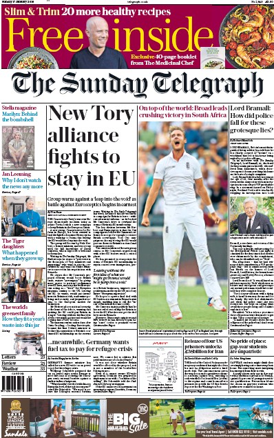 The Sunday Telegraph Newspaper Front Page for 17 January 2016