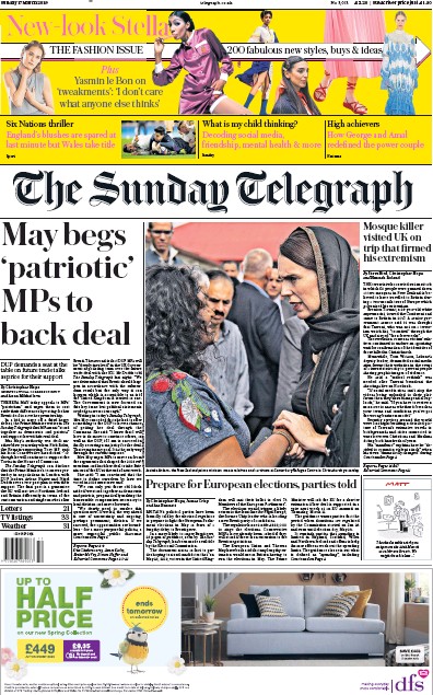 The Sunday Telegraph Newspaper Front Page for 17 March 2019