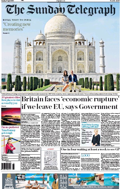 The Sunday Telegraph Newspaper Front Page for 17 April 2016