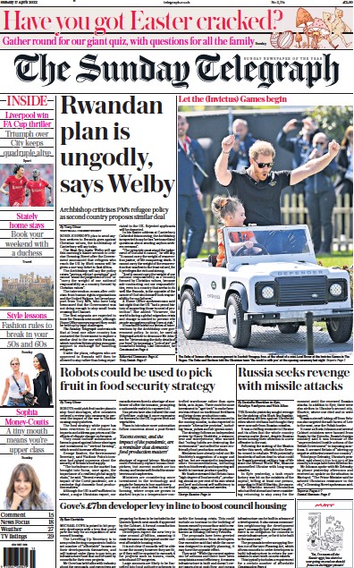 The Sunday Telegraph Newspaper Front Page for 17 April 2022