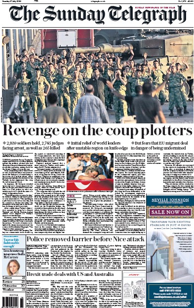 The Sunday Telegraph Newspaper Front Page for 17 July 2016